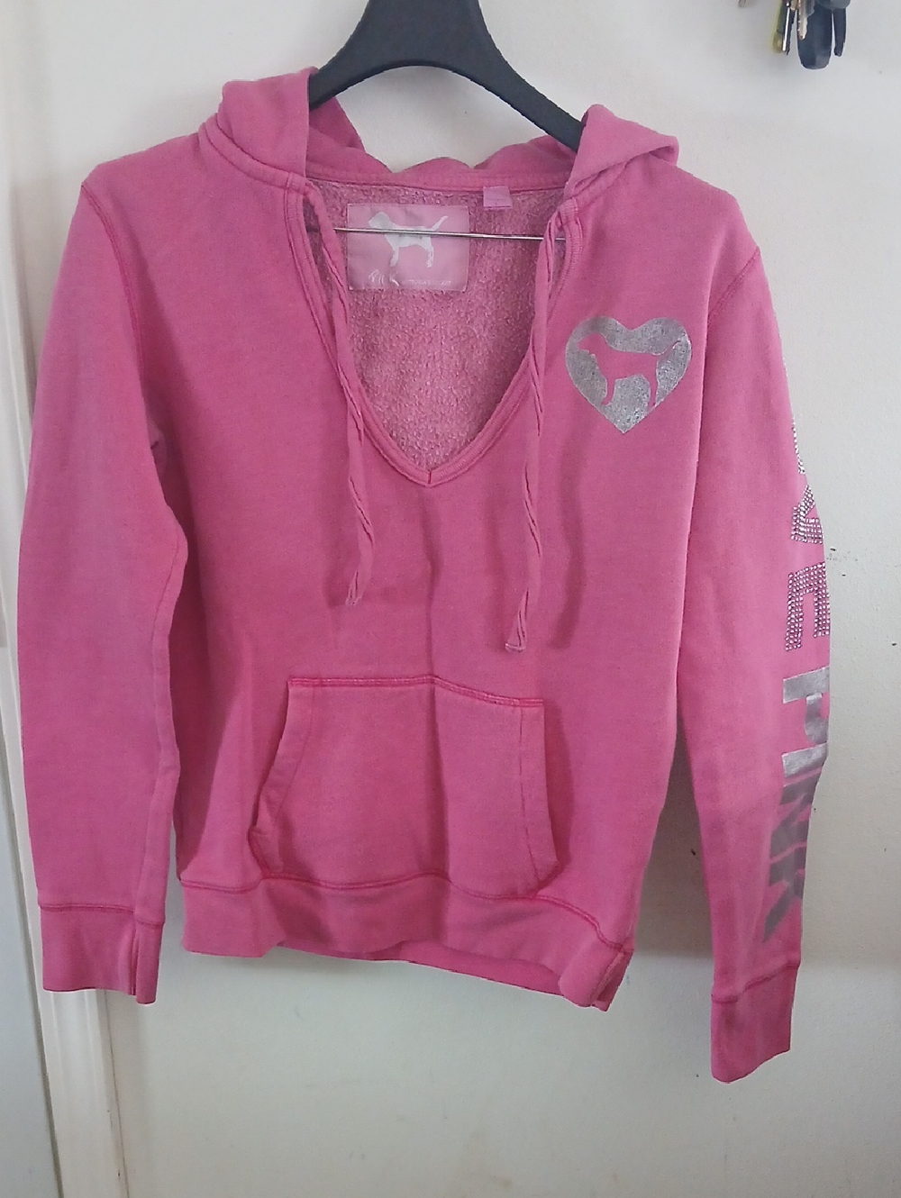 PINK Victoria's Secret Bright Pink Hooded Pullover with Silver Heart